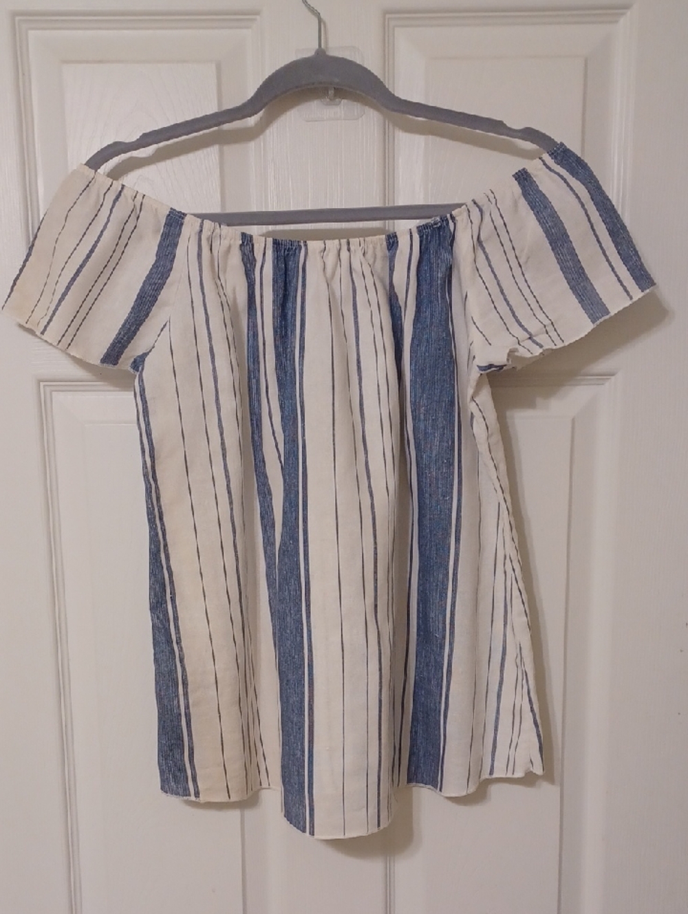 Free Kisses Sz M, Blue and White Striped Off-Shoulder blouse